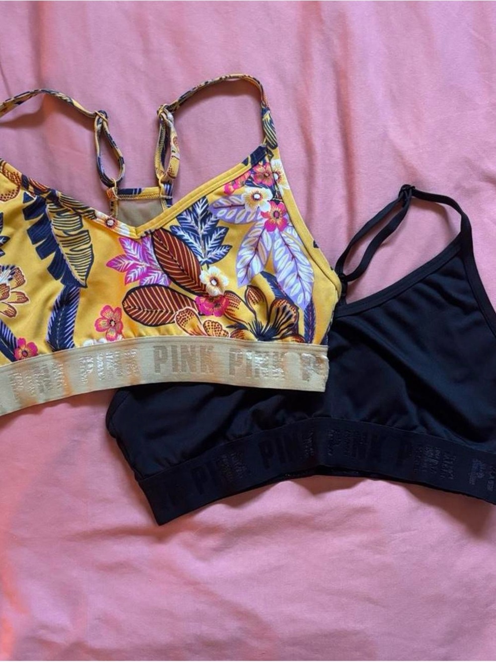 PINK Victoria's Secret Yellow Floral & Black Seamless Sports Bra Pair
